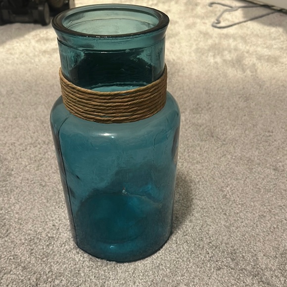 Other - Elegant Blue and Tan Vase with Glossy Glass and Rustic Twine